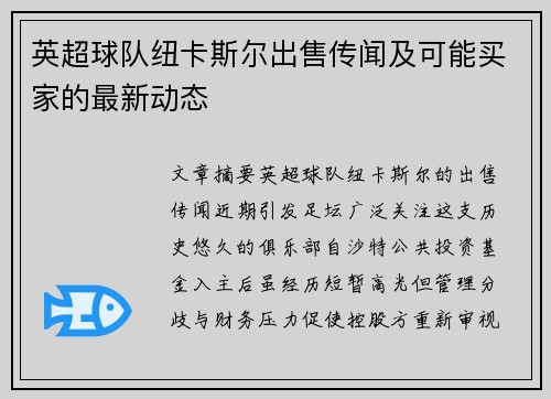 英超球队纽卡斯尔出售传闻及可能买家的最新动态